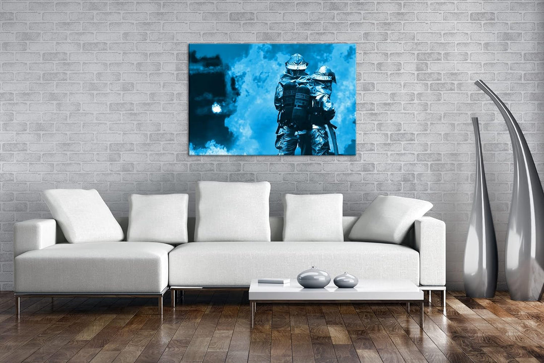 deyoli Feuerwehrmänner mit Flammen Format 80x60 Effekt: Monocrome Blau als Leinwandbild, Motiv ferti