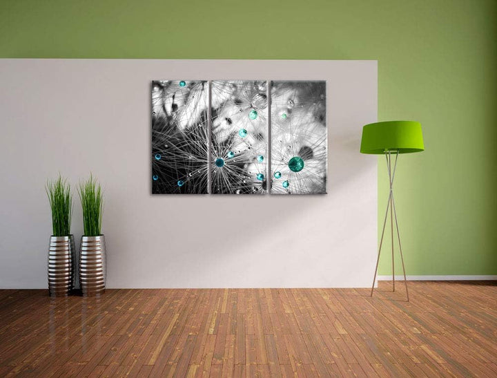 Pixxprint Wassertropfen auf Pusteblume als Leinwandbild | Grösse: 3 Teilig (120x80) | Wandbild| Kuns