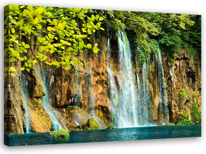 Feeby Leinwandbild Natur Bild Kunstdruck Wasserfall Grün 70x50 cm