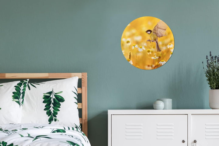 MuchoWow Wandbild Rund Wanddeko Deko Wohnzimmer Bilder 30x30 cm Vogel - Kohlmeise - Blumen - Gänsebl