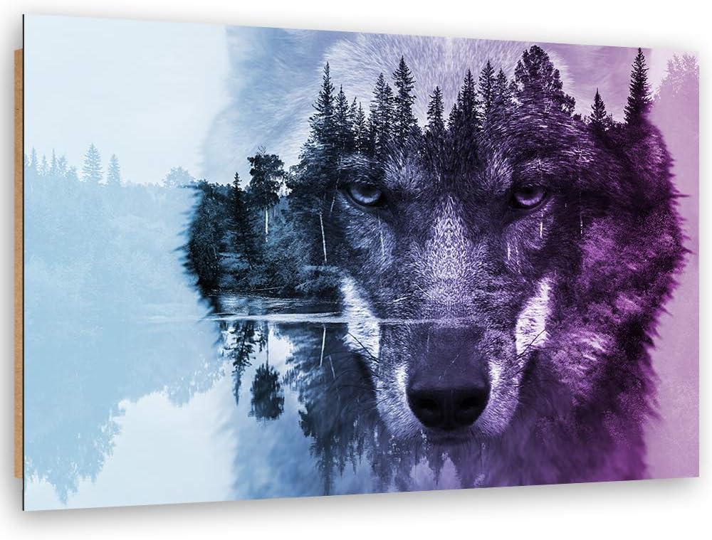 Feeby Wanddeko Wolf Bild Kunstdruck modern Wald Violett 80x60 cm Deko Paneel 80x60 cm Violett_a, Dek
