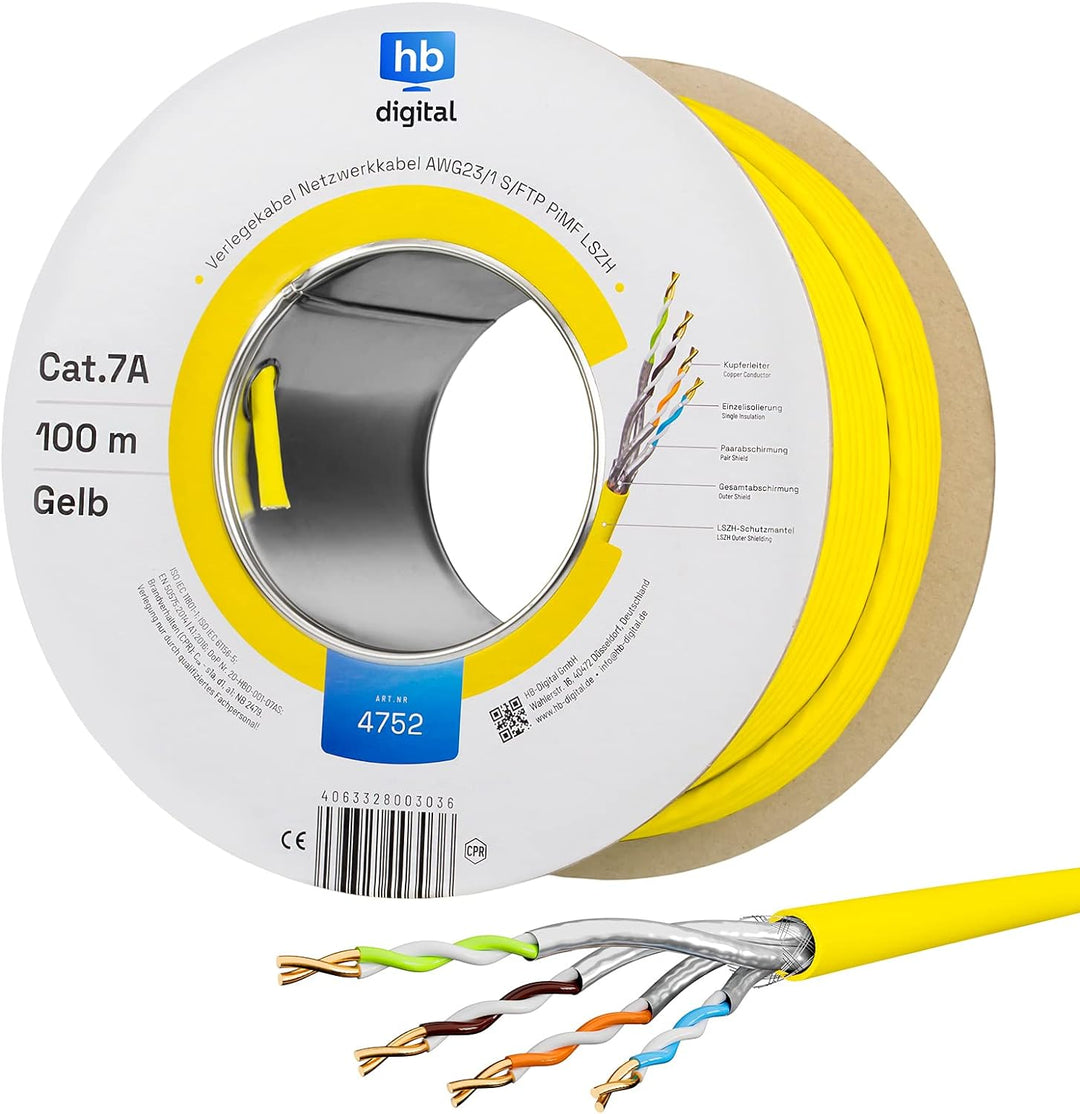 HB-DIGITAL 100m CAT.7a Netzwerkkabel LAN Kabel Verlegekabel AWG 23 Reines Kupfer S/FTP PiMF LSZH Hal
