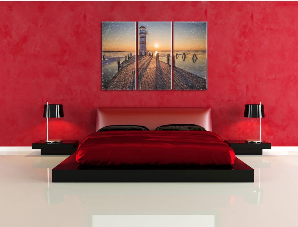 Pixxprint Leuchtturm am Steg als Leinwandbild/Grösse: 3 Teilig (120x80 cm) cm/Wandbild/Kunstdruck/fe