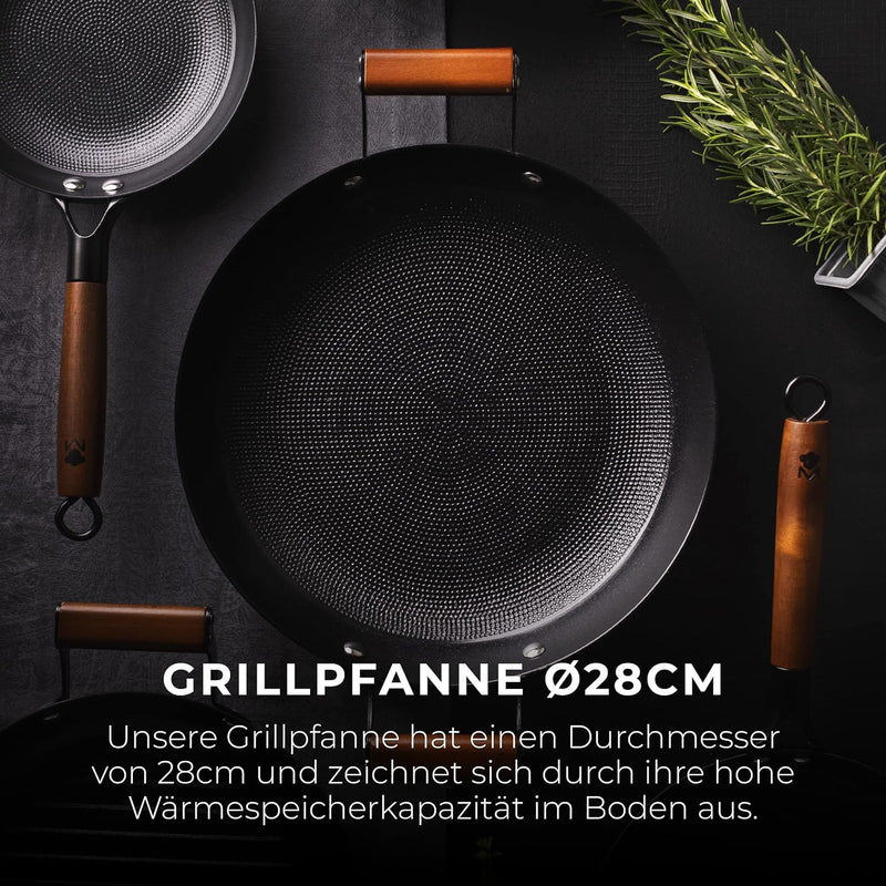 MasterPRO Odín | Grillpfanne | Rundes Design 28 cm | Aus Gepresstem Eisen | Ergonomischer Akazienhol
