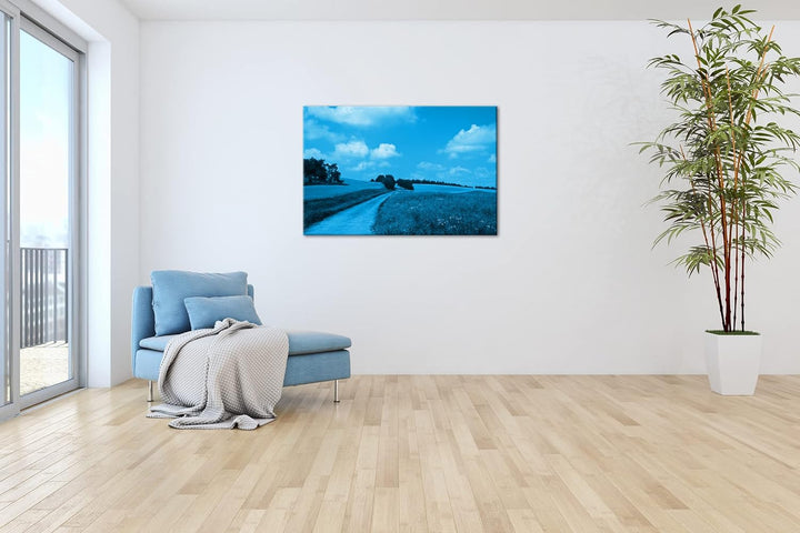 deyoli Feldweg im Sommer Format 80x60 Effekt: Monocrome Blau als Leinwandbild, Motiv fertig gerahmt