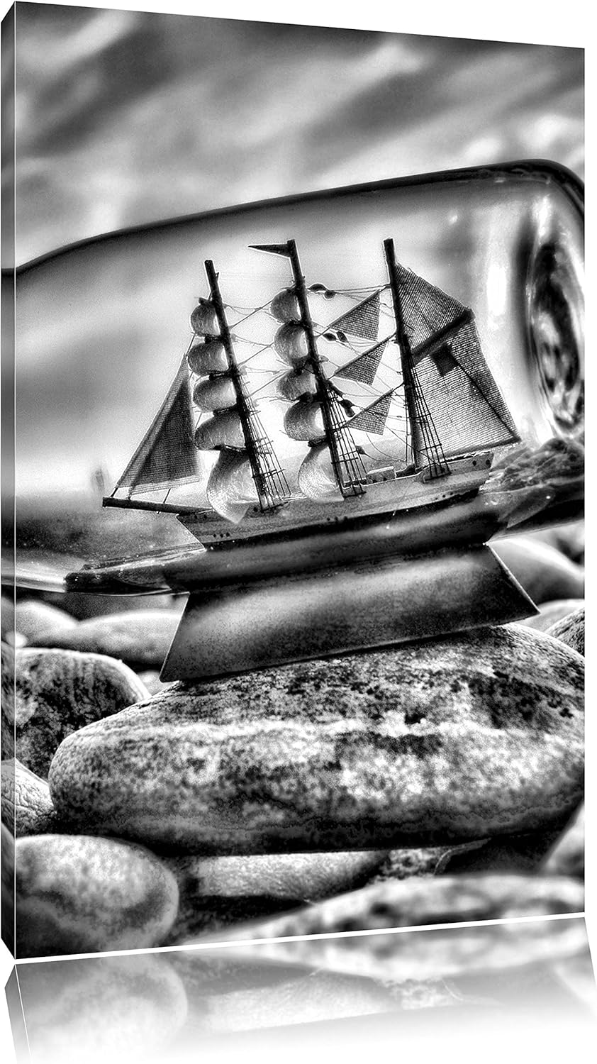 Pixxprint Flasche mit Schiff als Leinwandbild/Grösse: 100x70 cm/Wandbild/Kunstdruck/fertig bespannt,