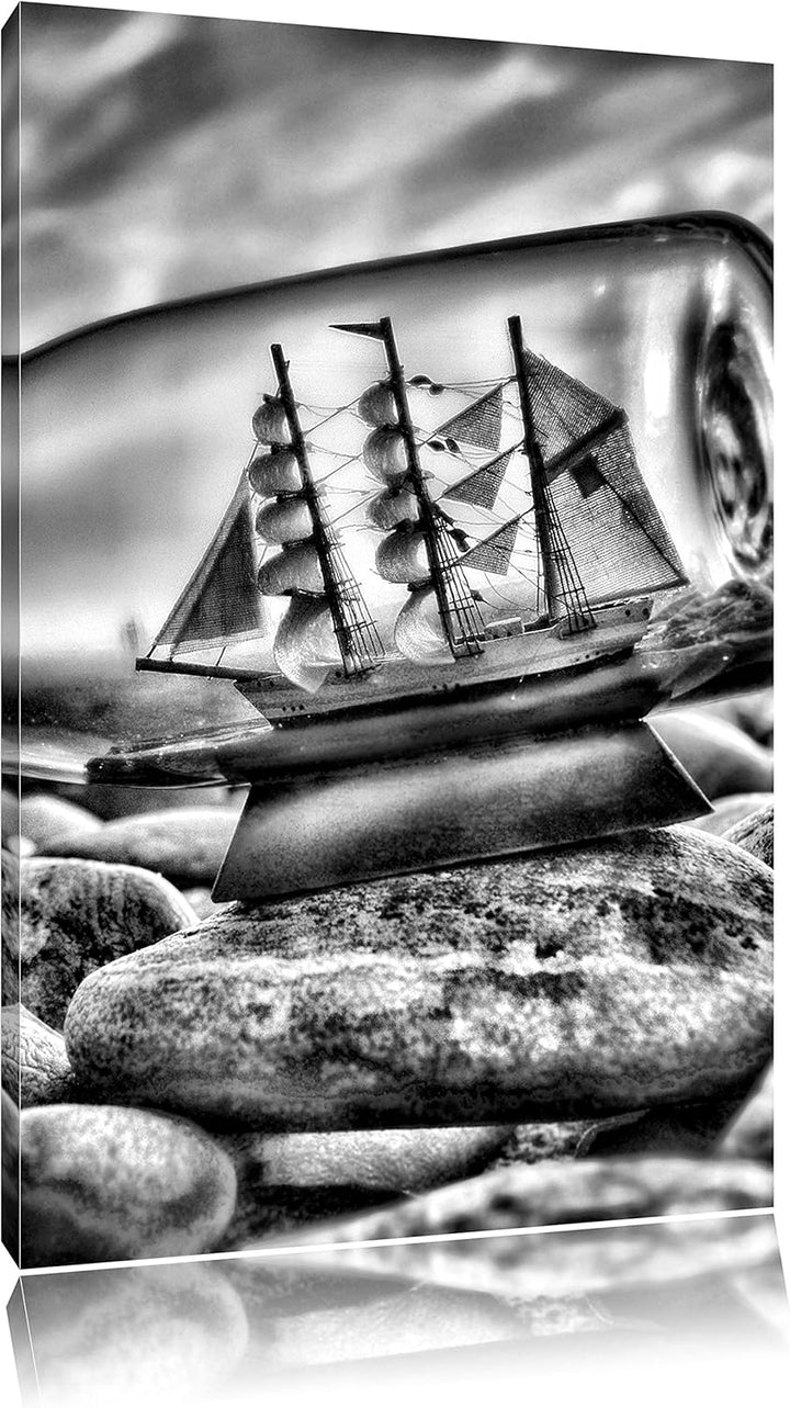 Pixxprint Flasche mit Schiff als Leinwandbild/Grösse: 100x70 cm/Wandbild/Kunstdruck/fertig bespannt,