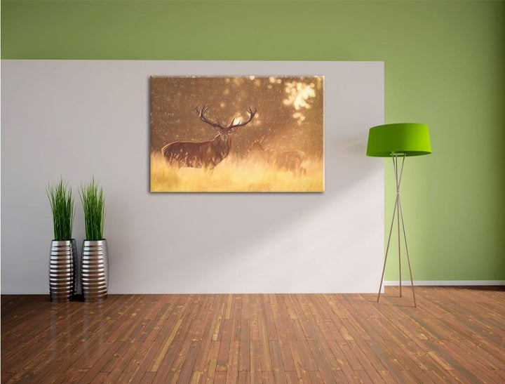 Pixxprint Rotwild im goldenen Morgenlicht als Leinwandbild | Grösse: 100x70 cm | Wandbild | Kunstdru
