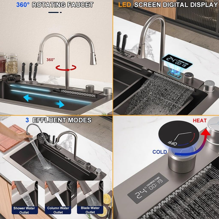 304 Edelstahl Wasserfall Waschbecken mit Digitalanzeige Bar Spüle mit Werkzeugträger Nanobeschichtet