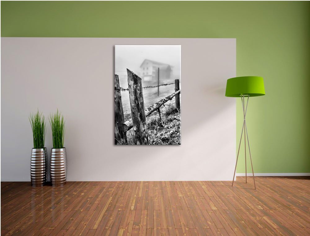 Pixxprint Holzzaun auf Wiese als Leinwandbild/Grösse: 100x70 / Wandbild/Kunstdruck/fertig bespannt,