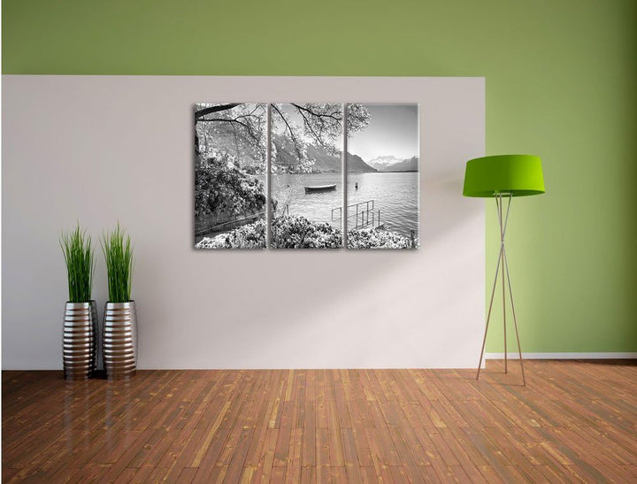 Pixxprint Genfer See im Sonnenschein / 3-Teilig/Gesamtmass 120cm Leinwandbild bespannt auf Holzrahme
