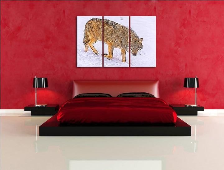 seltener Wolf im Schnee Spezial 3-Teiler Leinwandbild 120x80 Bild auf Leinwand, XXL riesige Bilder f