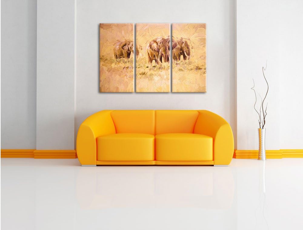 Pixxprint Elefanten in Südafrika / 3-Teilig/Gesamtmass 120cm Leinwandbild bespannt auf Holzrahmen/Wa