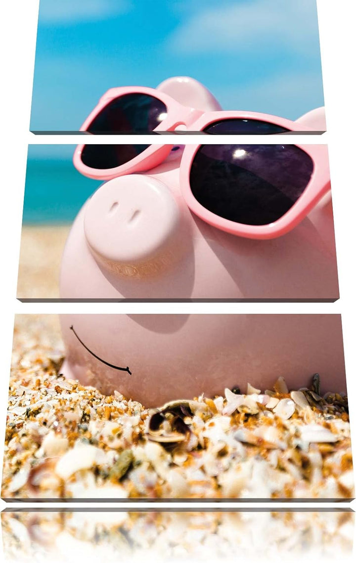 Pixxprint Schweinchen am Strand 3-Teiler Leinwandbild 120x80 Bild auf Leinwand