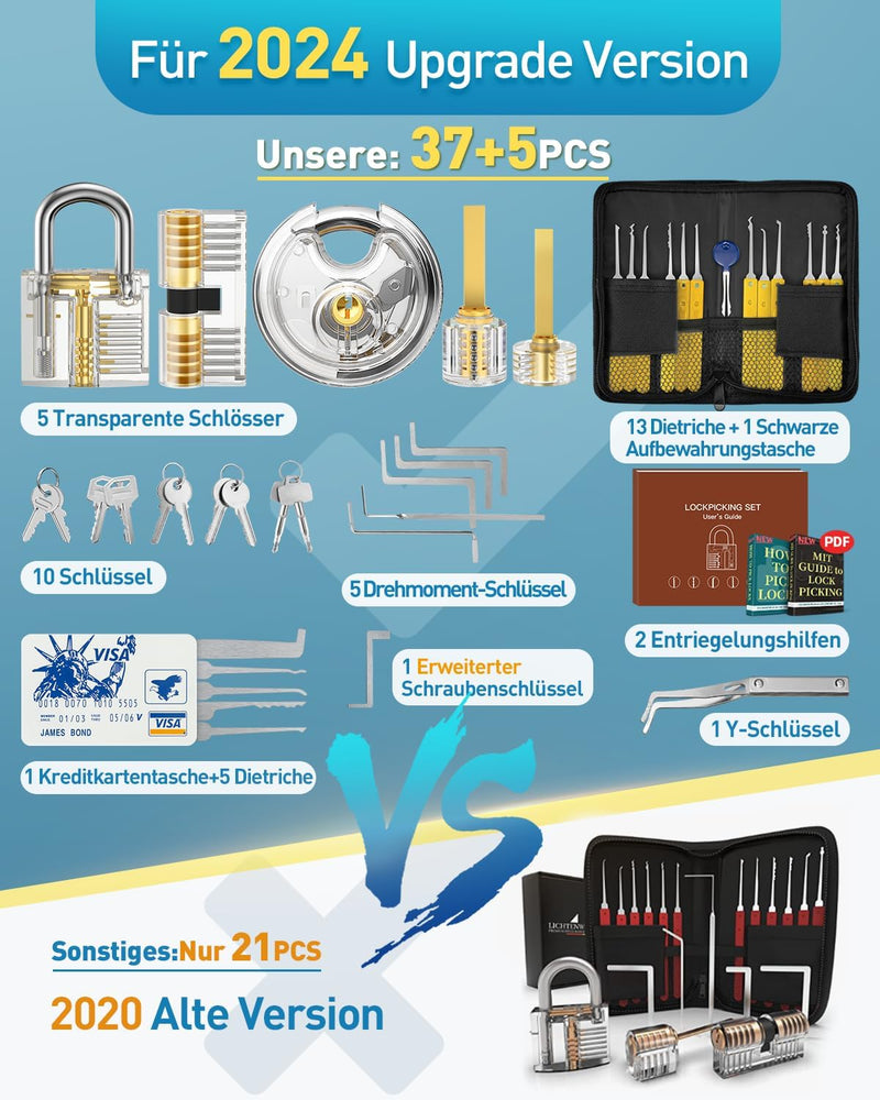 Eventronic 37+5 Stück Lockpicking Set, [Super Spass & Bessere Praxis] Dietrich Set mit 5 Transparent