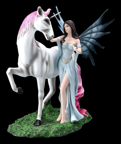 Elfen Figur - Mystique mit Einhorn mit rosa Mähne | Fee Fantasy Dekofigur