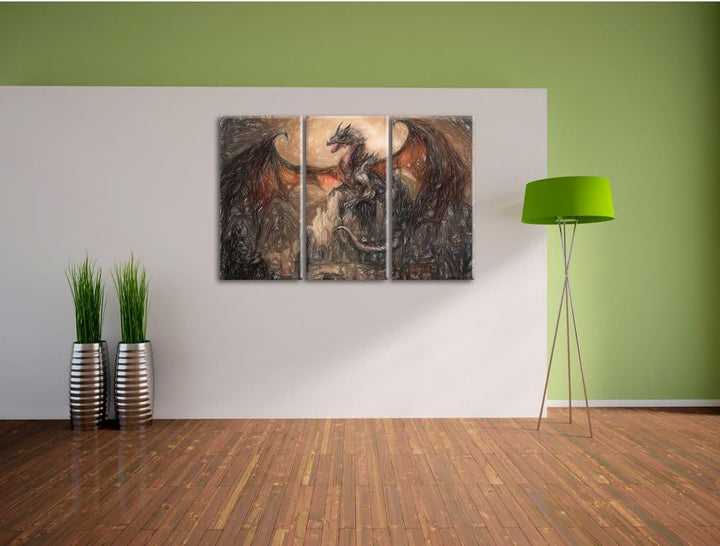Pixxprint Drache schützend über Burg / 3-Teilig/Gesamtmass 120cm Leinwandbild bespannt auf Holzrahme