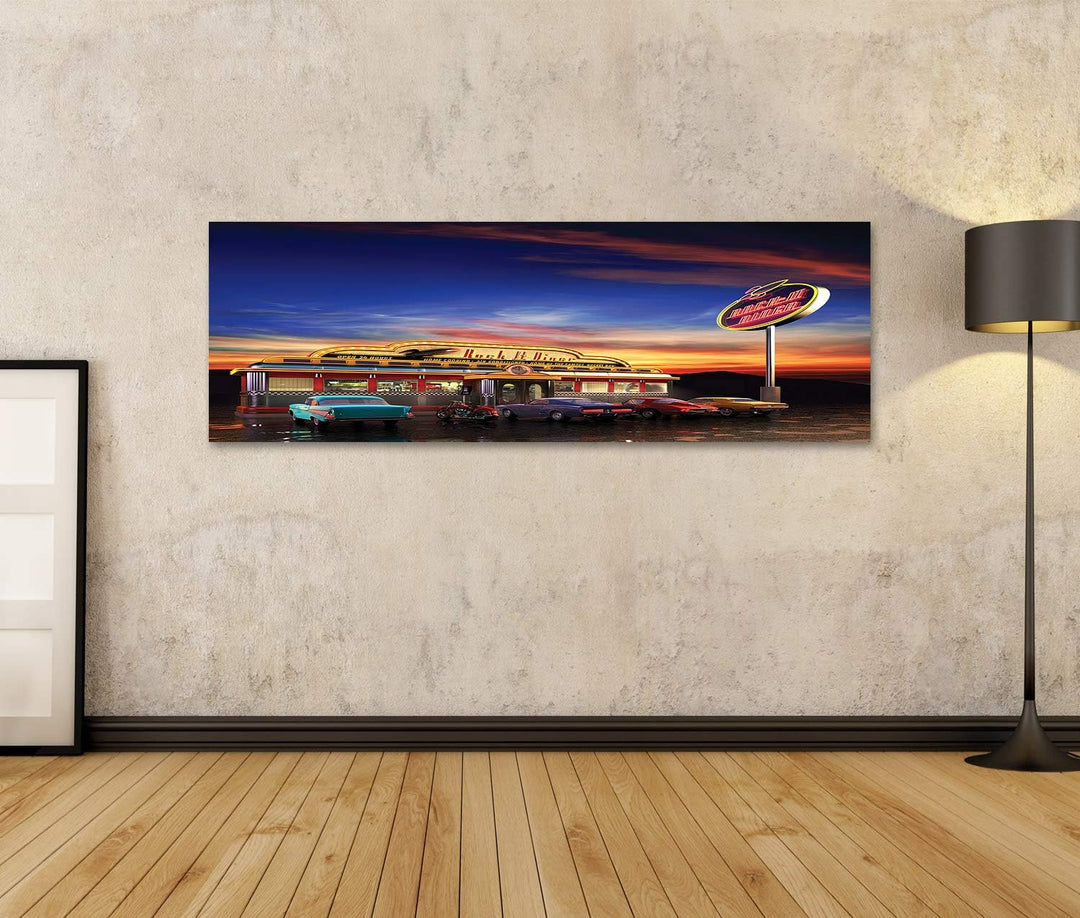 islandburner Bild auf Leinwand Retro American Diner In Der Abenddämmerung Wandbild Poster Kunstdruck