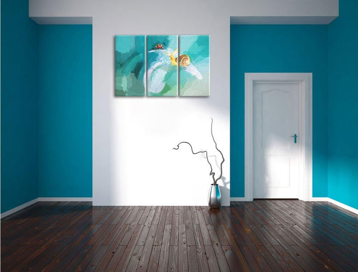 eine Schnecke und Marienkäfer auf einer Pflanze Kunst Pinsel Effekt 3-Teiler Leinwandbild 120x80 Bil
