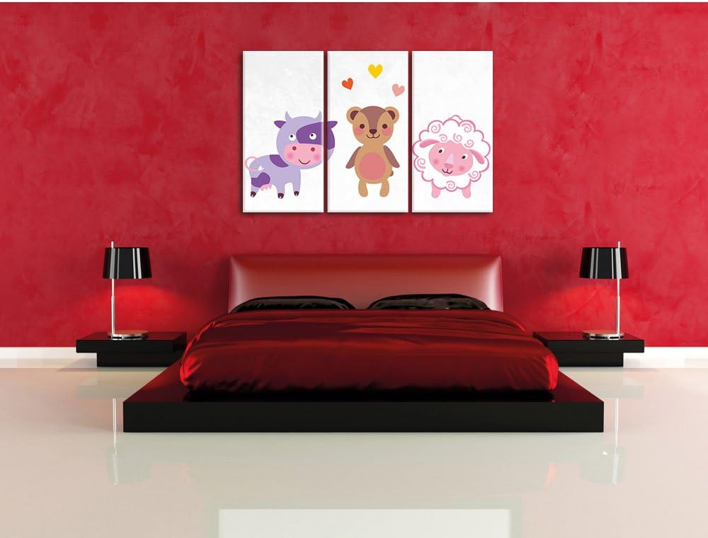 Pixxprint Kuh Teddy und Schaf als Leinwandbild/Grösse: 3 Teilig (120x80) cm/Wandbild/Kunstdruck/fert