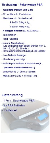 40kg/5g PSA Paketwaage Tischwaage Digitalwaage Briefwaage Küchenwaage/Batteriebetrieb möglich G&G