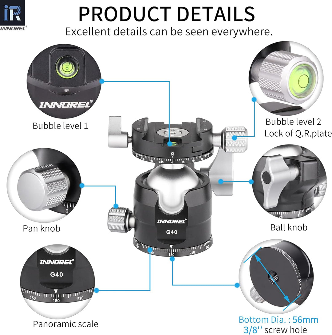 INNOREL G40 Low Profile Stativ-Kugelkopf Doppelter Panorama-Metall-Kamerastativ-Kugelkopf mit 1/4" A