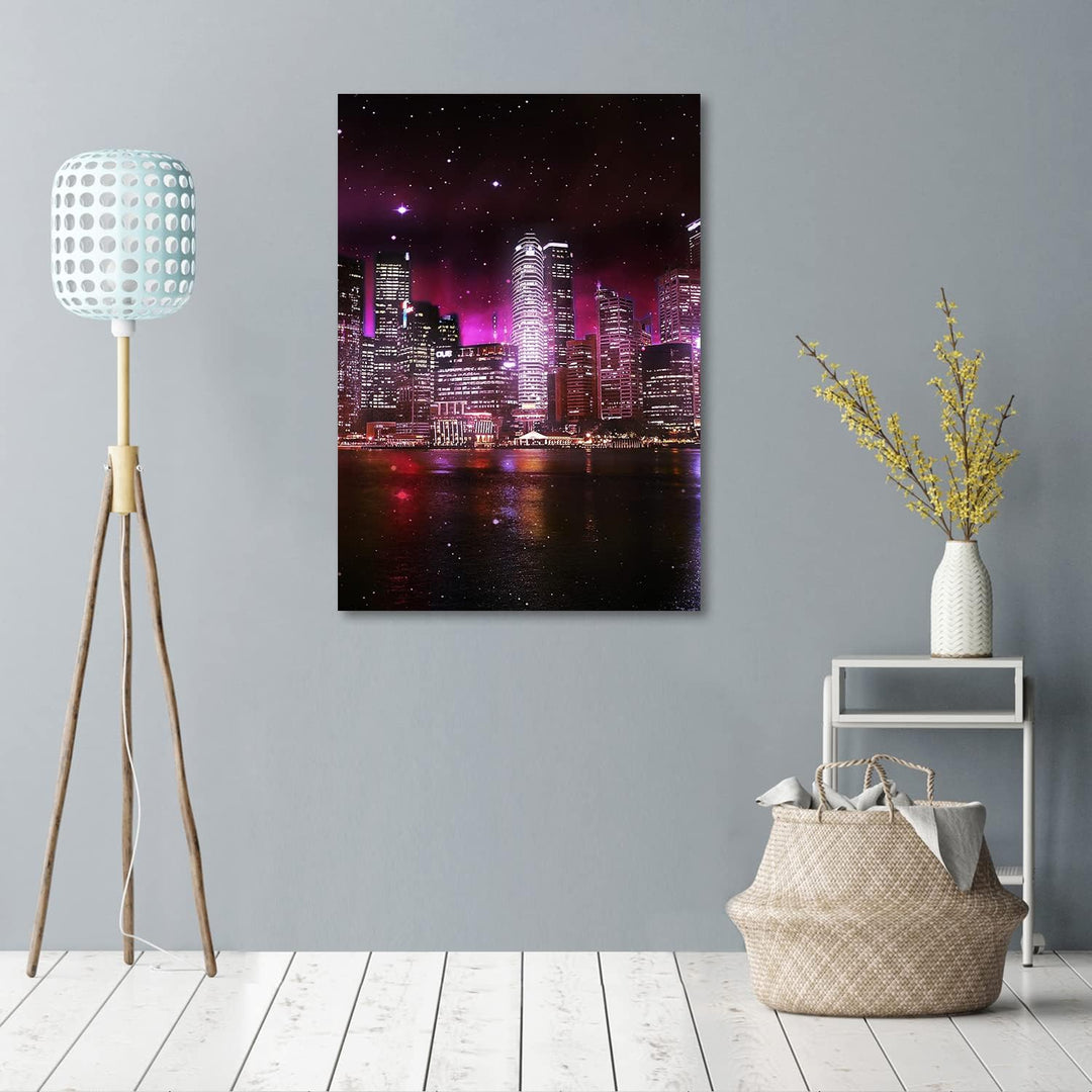 Feeby Vlies Leinwandbild Stadt Fluss Nacht Sternenhimmel 60x90 cm Druckbild Wandbild Wanddekoration