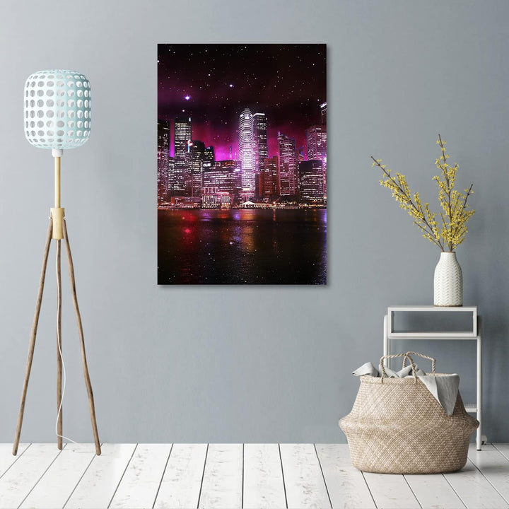 Feeby Vlies Leinwandbild Stadt Fluss Nacht Sternenhimmel 60x90 cm Druckbild Wandbild Wanddekoration