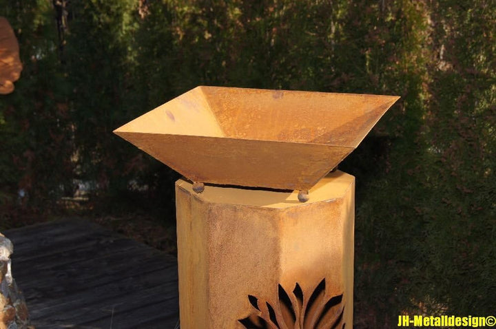 8-Eck Säule Fächer + Schale Classic Edelrost Rost Metall Gartendeko Garten Stele