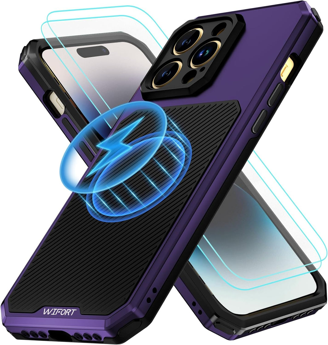 WIFORT Magnetisch Metall Hülle für iPhone 14 Pro Kompatibel mit MagSafe, mit 2 Stück Schutzglas, Mil