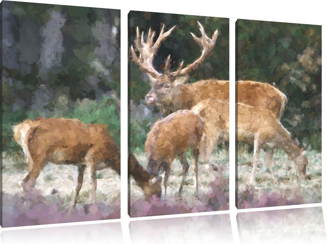 Hirschfamilie auf Waldlichtung NewArt 3-Teiler Leinwandbild 120x80 Bild auf Leinwand, XXL riesige Bi