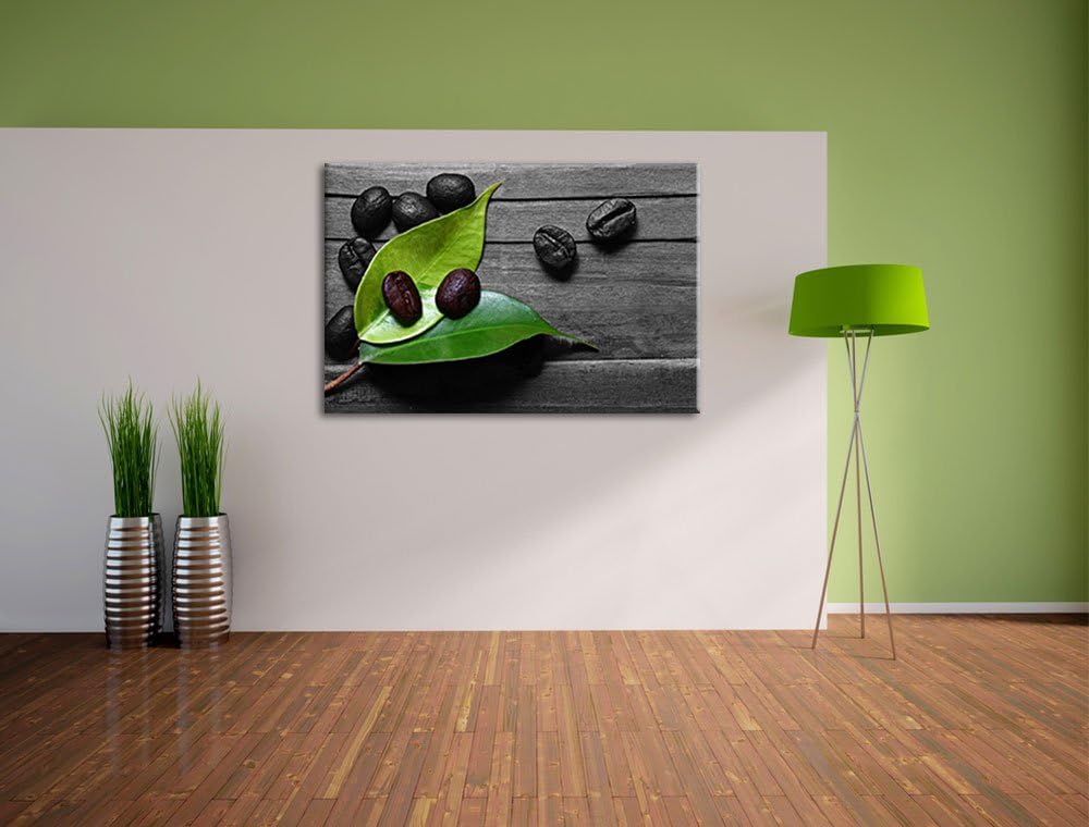 kleine Kaffeebohnen auf Blättern schwarz/weiss Format: 100x70 auf Leinwand, XXL riesige Bilder ferti