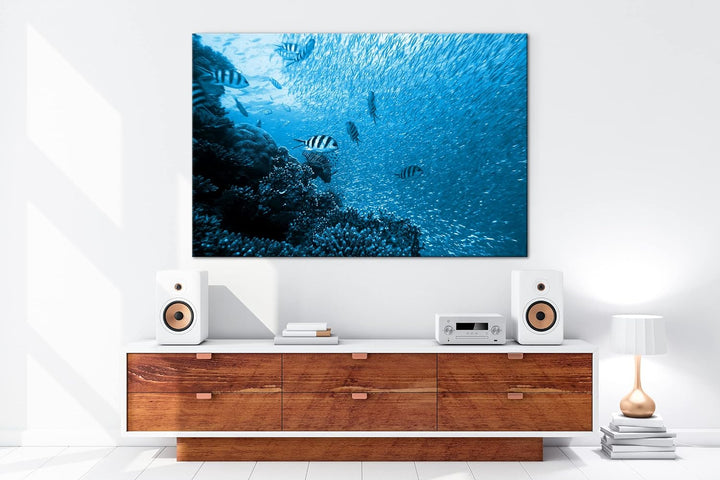 deyoli Fischschwärme im Korallenriff Format: 100x70 Effekt: Monocrome Blau als Leinwandbild, Motiv f