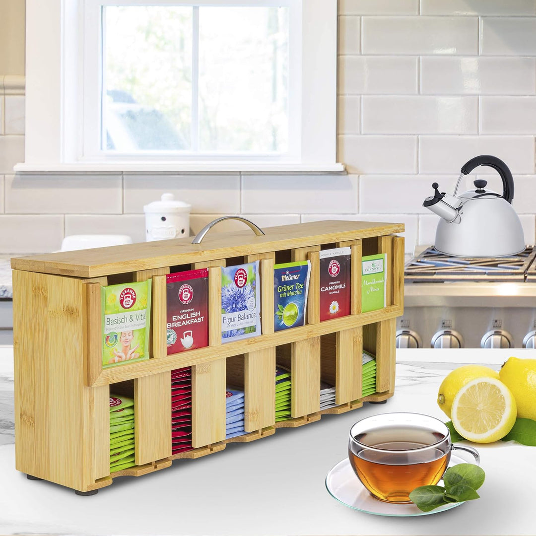 ONVAYA® Teebox aus Holz | Teekiste mit 6 Fächern | Teebeutelbox für ca. 200 Teebeutel | Tee Aufbewah