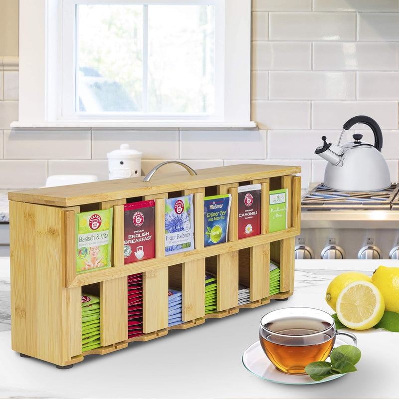 ONVAYA® Teebox aus Holz | Teekiste mit 6 Fächern | Teebeutelbox für ca. 200 Teebeutel | Tee Aufbewah