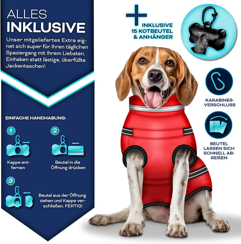 TRESKO® Hundejacke Winter mit Reflektoren inkl. 15 Stück Kotbeutel + Spender | Hunderegenmantel wass