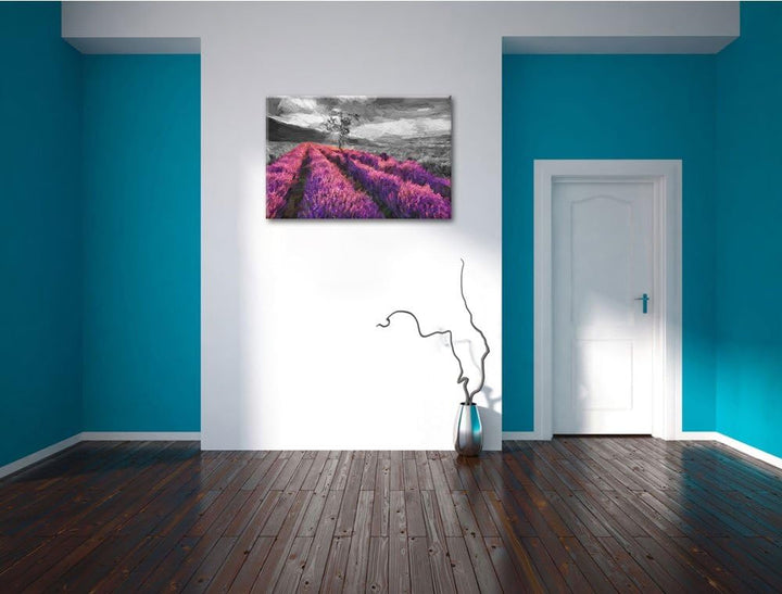 herrliches Lavendelfeld mit einsamen Baum Format: 100x70 auf Leinwand, XXL riesige Bilder fertig ger