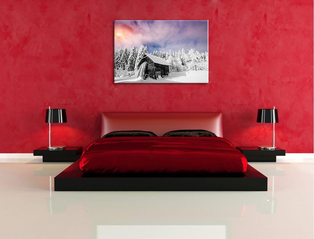 Einsame gemütliche Holzhütte im Schnee schwarz/weiss Format: 100x70 auf Leinwand, XXL riesige Bilder