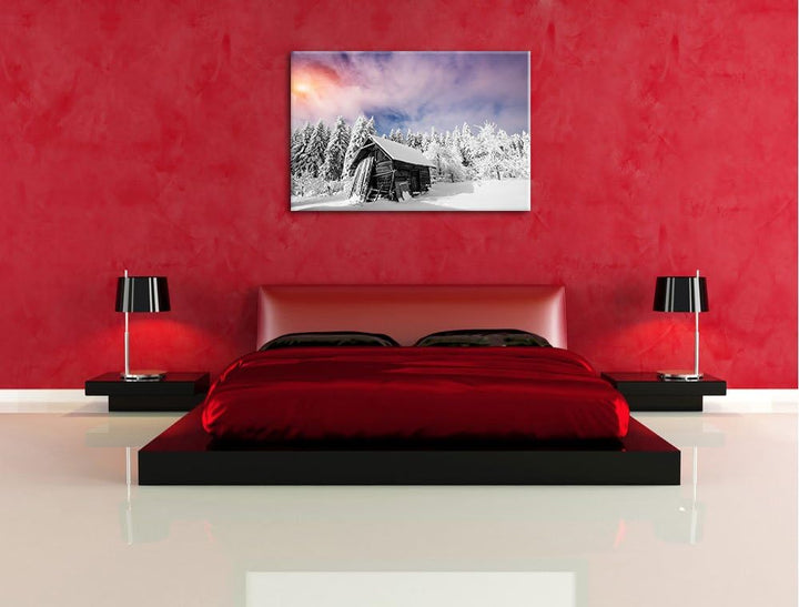 Einsame gemütliche Holzhütte im Schnee schwarz/weiss Format: 100x70 auf Leinwand, XXL riesige Bilder