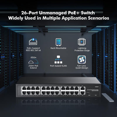 YuLinca 24 Port PoE Switch, 10/100Mbps PoE+ Ports, 2 Gigabit Ethernet Uplink, IEEE802.3af/at, Max 30