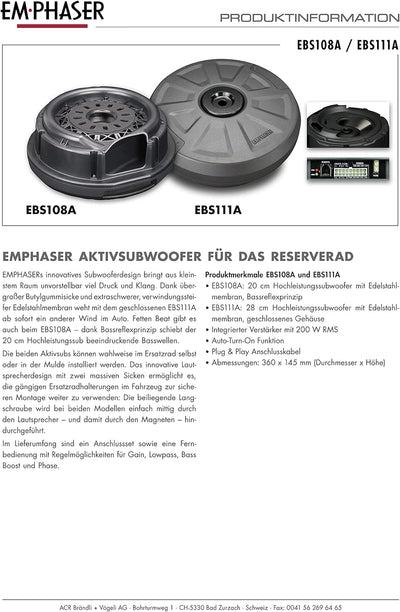 EMPHASER EBS111A – kraftvoller 28 cm Aktivsubwoofer zum Einbau in Reserverad Mulde/Felge, Auto Bassb