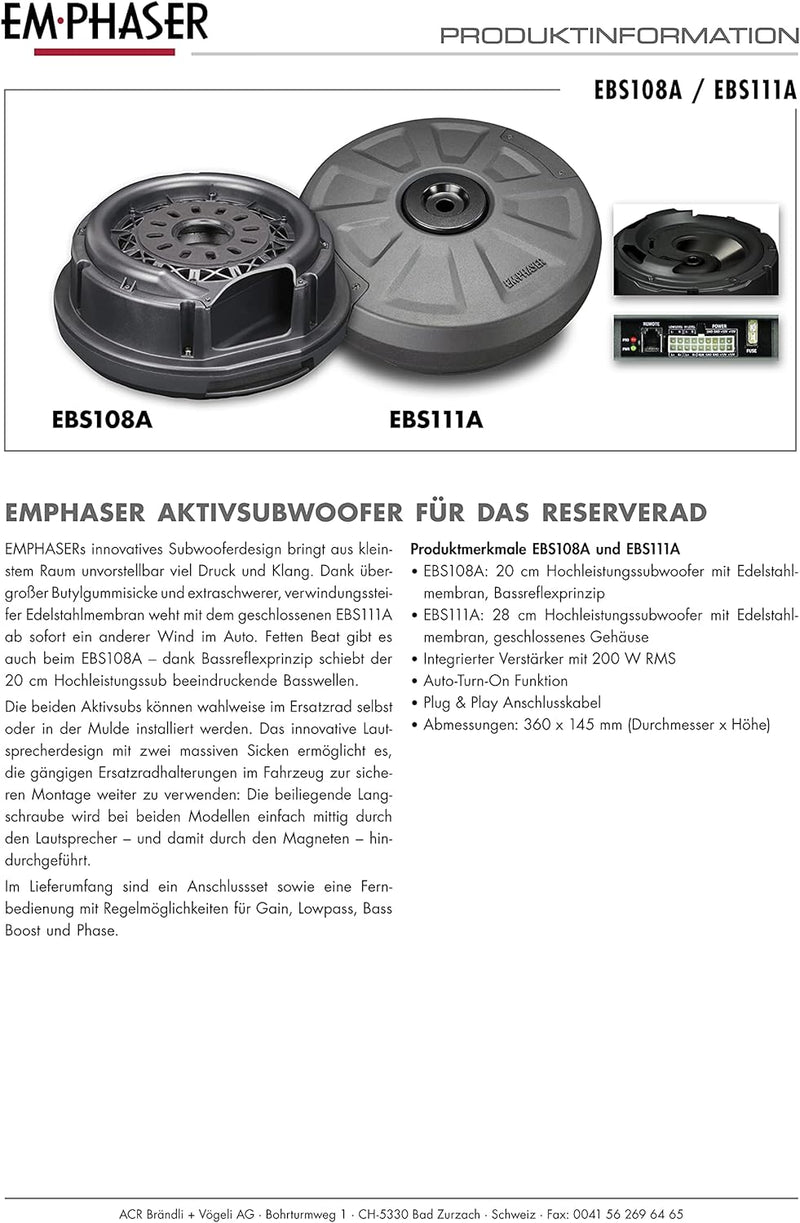 EMPHASER EBS111A – kraftvoller 28 cm Aktivsubwoofer zum Einbau in Reserverad Mulde/Felge, Auto Bassb