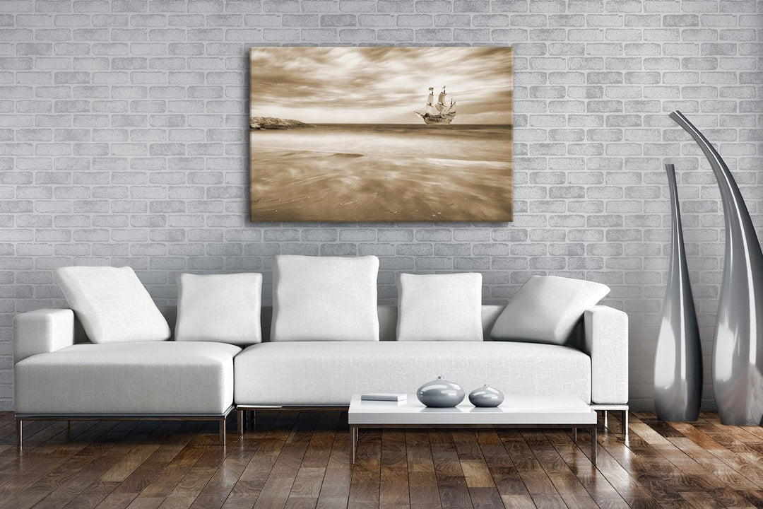 Segelschiff im blauen Meer an der Küste Format: 80x60 Effekt: Sepia als Leinwandbild, Motiv fertig g