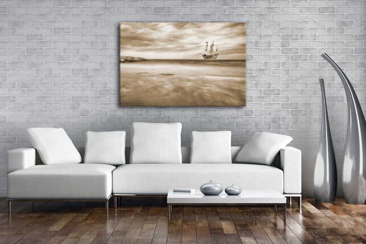 Segelschiff im blauen Meer an der Küste Format: 80x60 Effekt: Sepia als Leinwandbild, Motiv fertig g