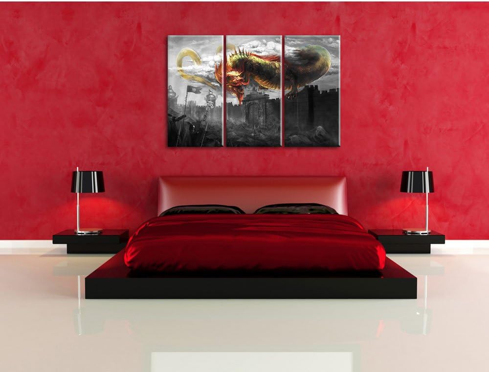 Pixxprint Drache über der Festung als Leinwandbild/Grösse: 3 Teilig (120x80 cm) cm/Wandbild/Kunstdru