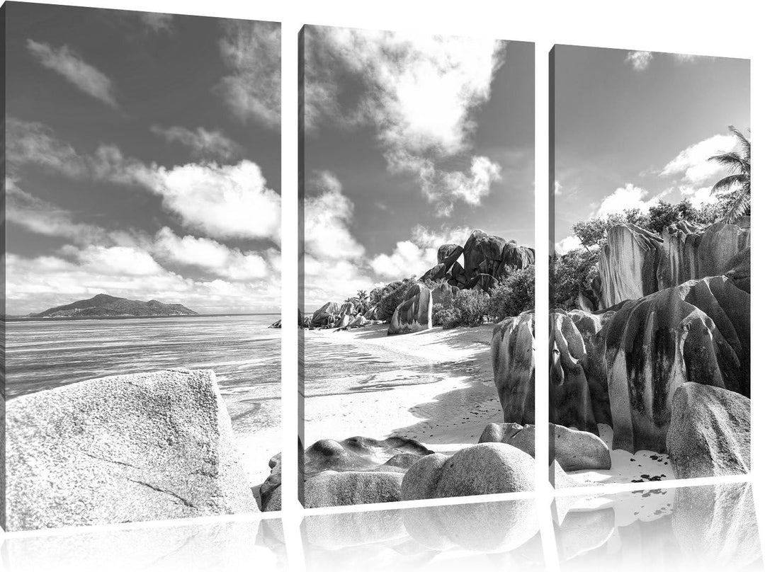 Pixxprint Seychellen Strand Kunst B&W 3-Teiler Leinwandbild 120x80 Bild auf Leinwand, riesige Bilder