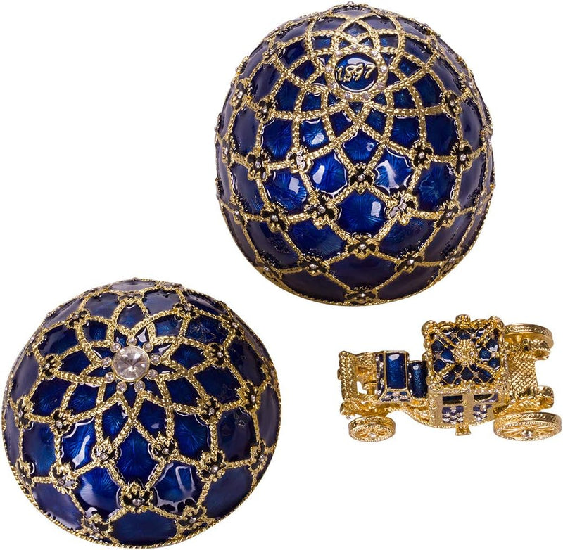 Fabergé-Stil Krönungs Ei/Schmuckkästchen mit Kutsche 19 cm blau