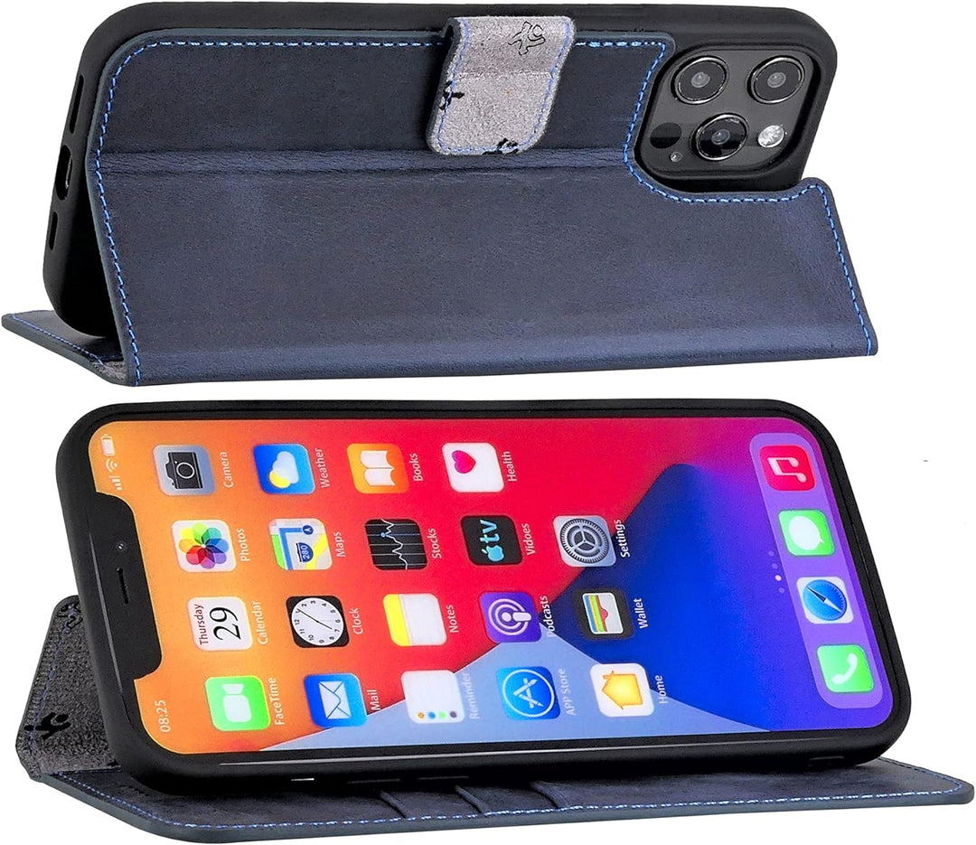 Suncase Book-Style Hülle kompatibel mit iPhone 12 Pro (6.1") Leder Tasche (Slim-Fit) Lederhülle Hand