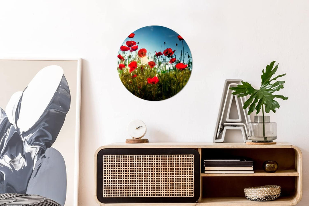 MuchoWow Wandbild Rund Wanddeko Deko Wohnzimmer Bilder 30x30 cm Mohnblumen - Toskana - Sonne - Rot -
