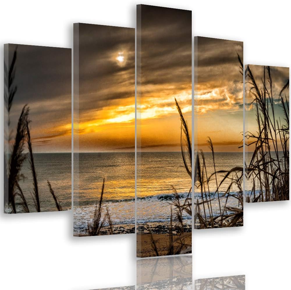 Feeby Bilder Natur 100x70 cm - Leinwandbild - 5 Teilig - Kunstdruck Gras Meer braun Leinwandbild 100